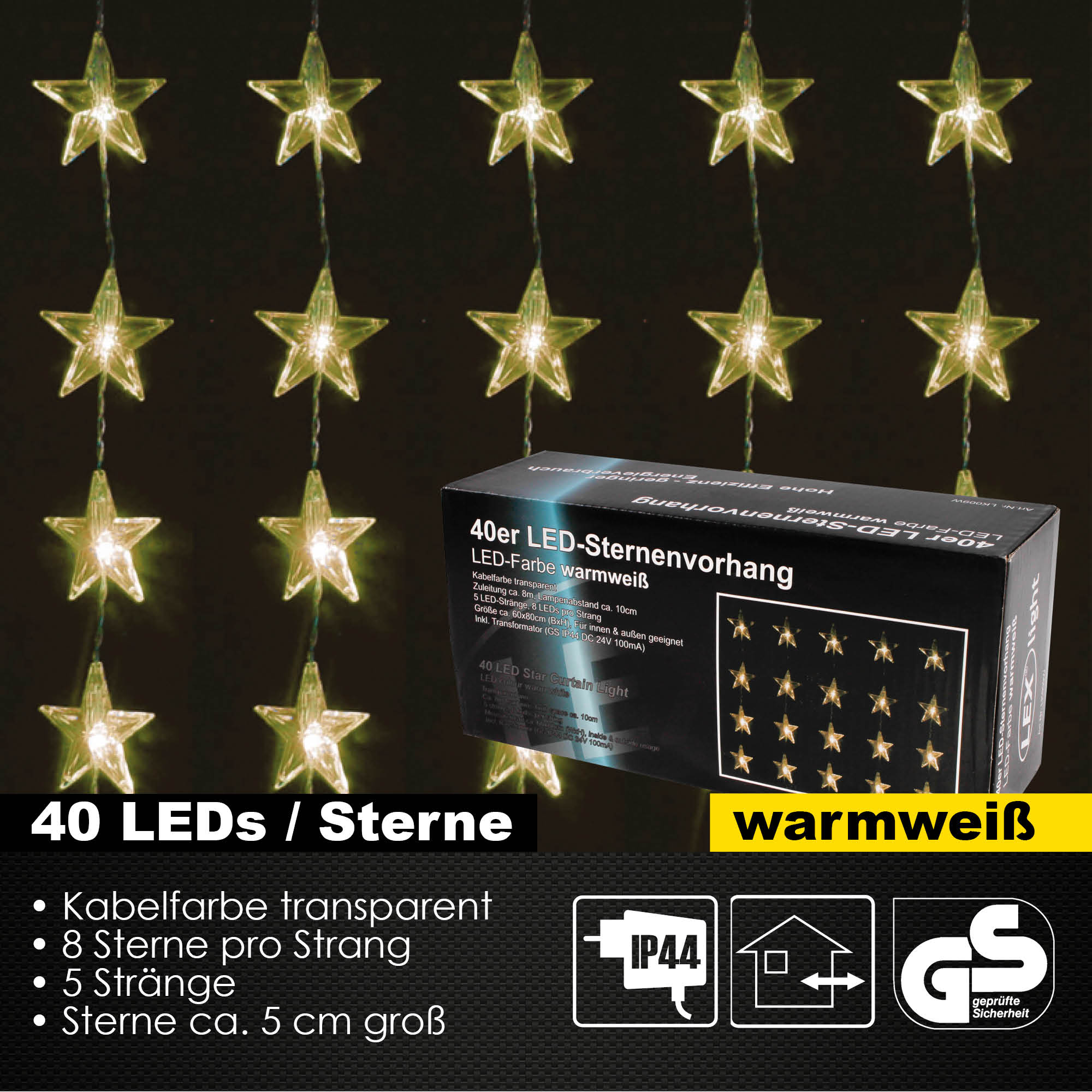 40er LED Stern Lichtervorhang Lichterkette Außen Innen Weihnachten warmweiss