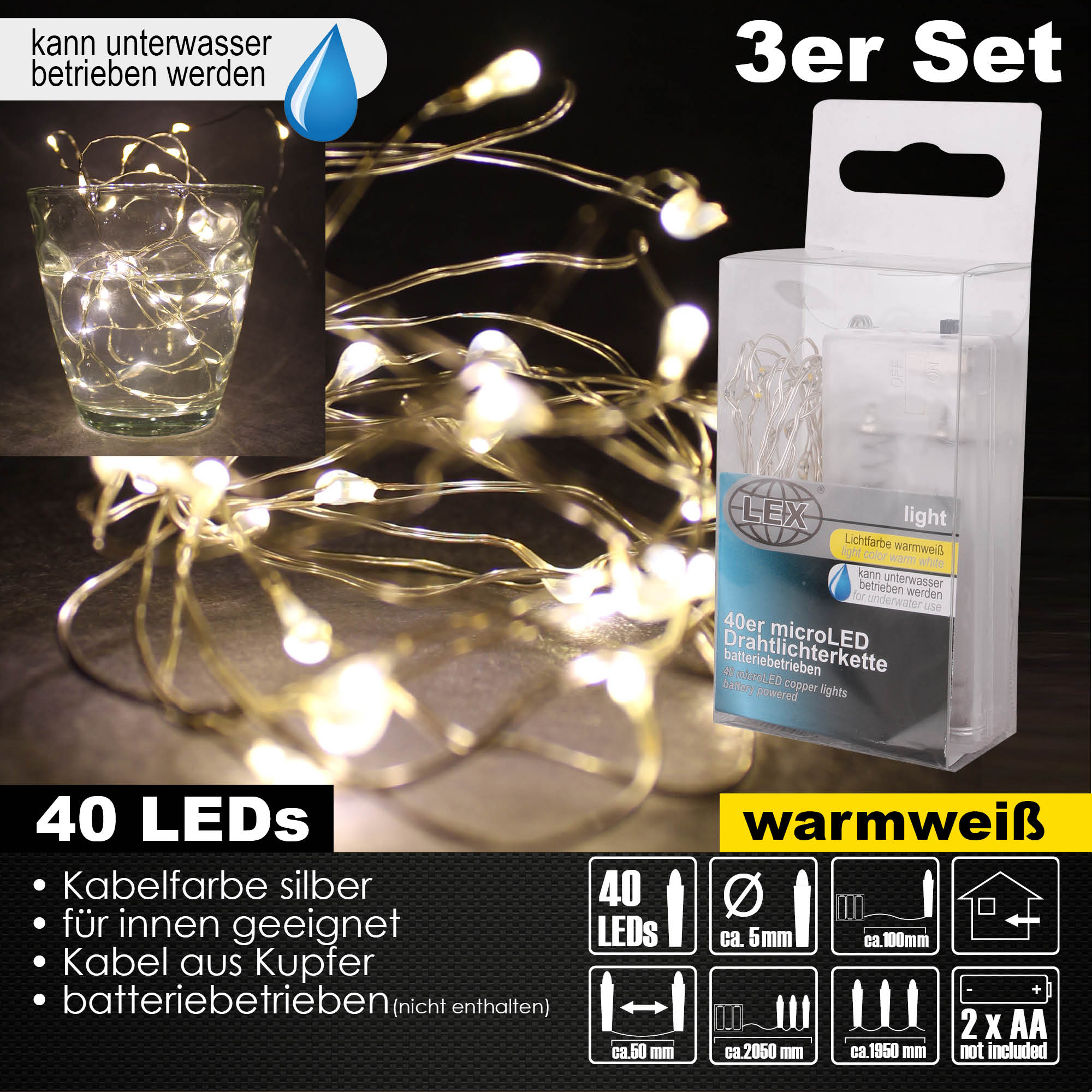 3x 40er Micro LED Drahtlichterkette Set Batteriekette Lichterkette Deko warmweiß