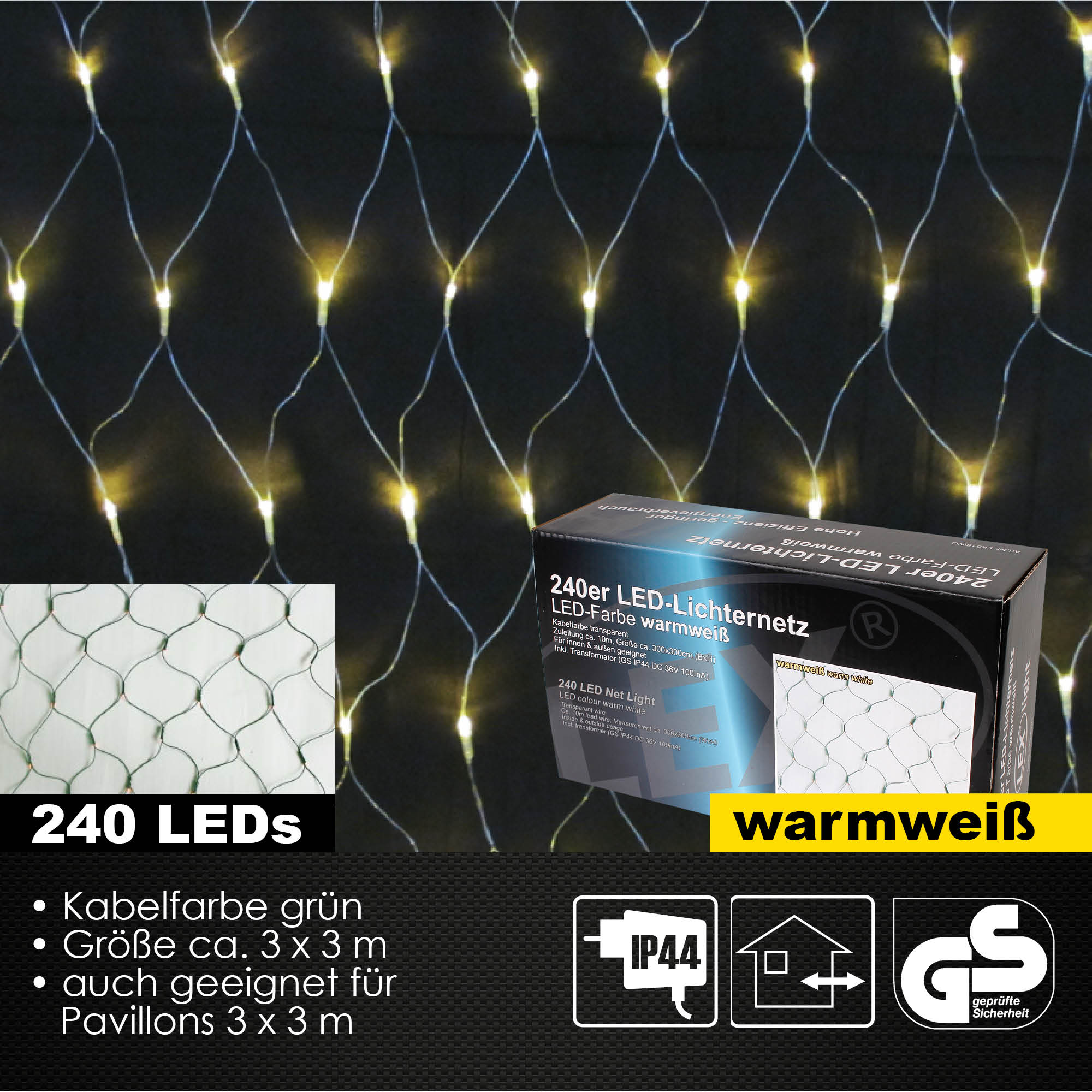 240er LED Lichternetz Lichterkette Außen Innen Kabel grün Partylicht warmweiß
