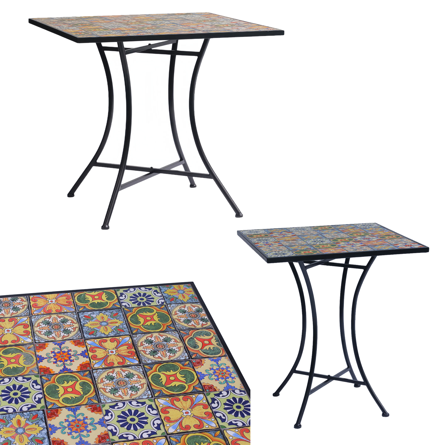 Mosaik Mosaiktisch Gartentisch quadratisch Bistro Eisenramen elegant Bunt