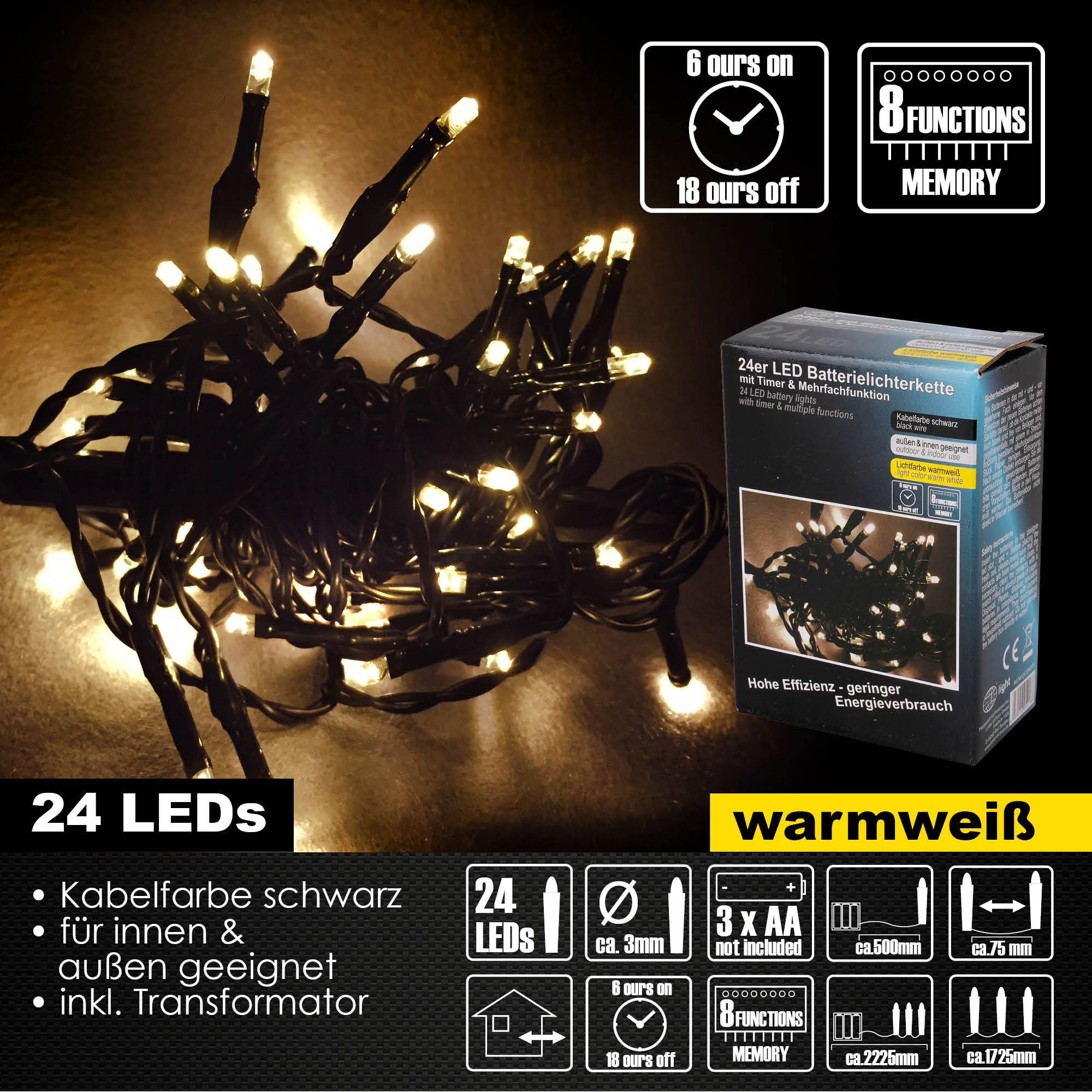 24er LED Lichterkette Timer 8 Lichteffekte Batteriekette Außen & Innen warmweiß