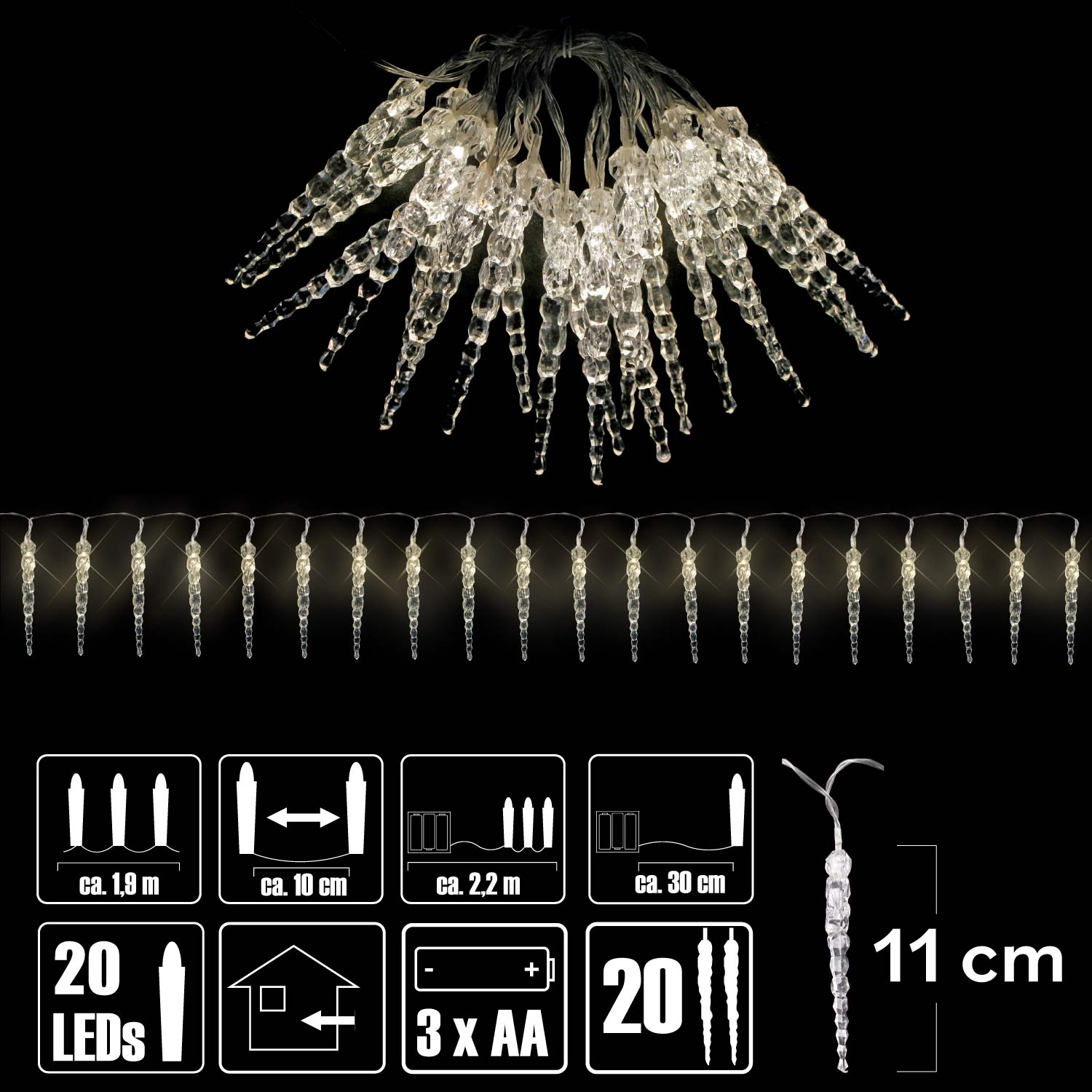 Eiszapfen LED Lichterkette 20 Batterie Acryl Innen warmweiß