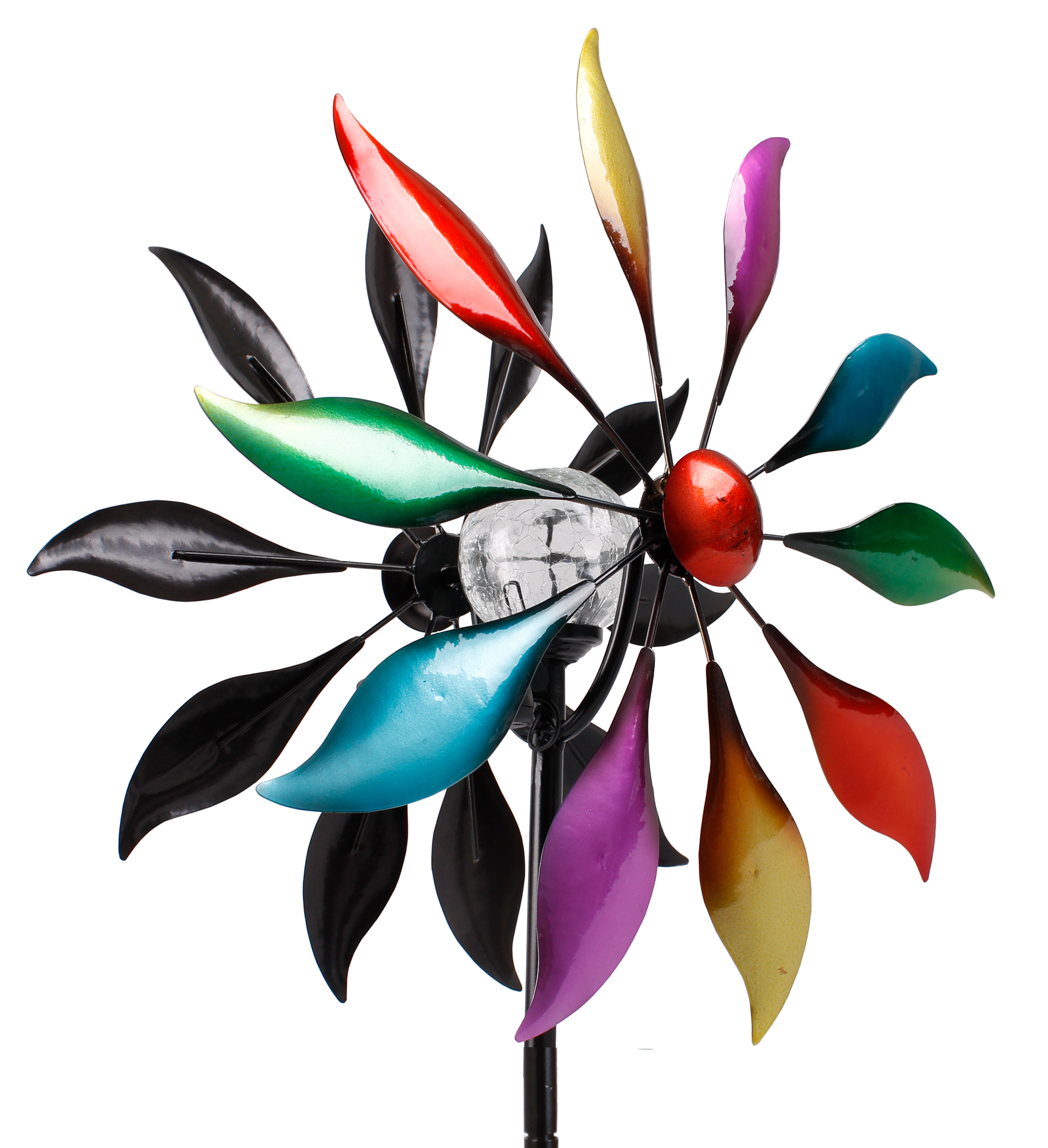 Windrad Windspiel Metall mit Solar LED Glaskugel Metall bunt Erdspieß Gartendeko