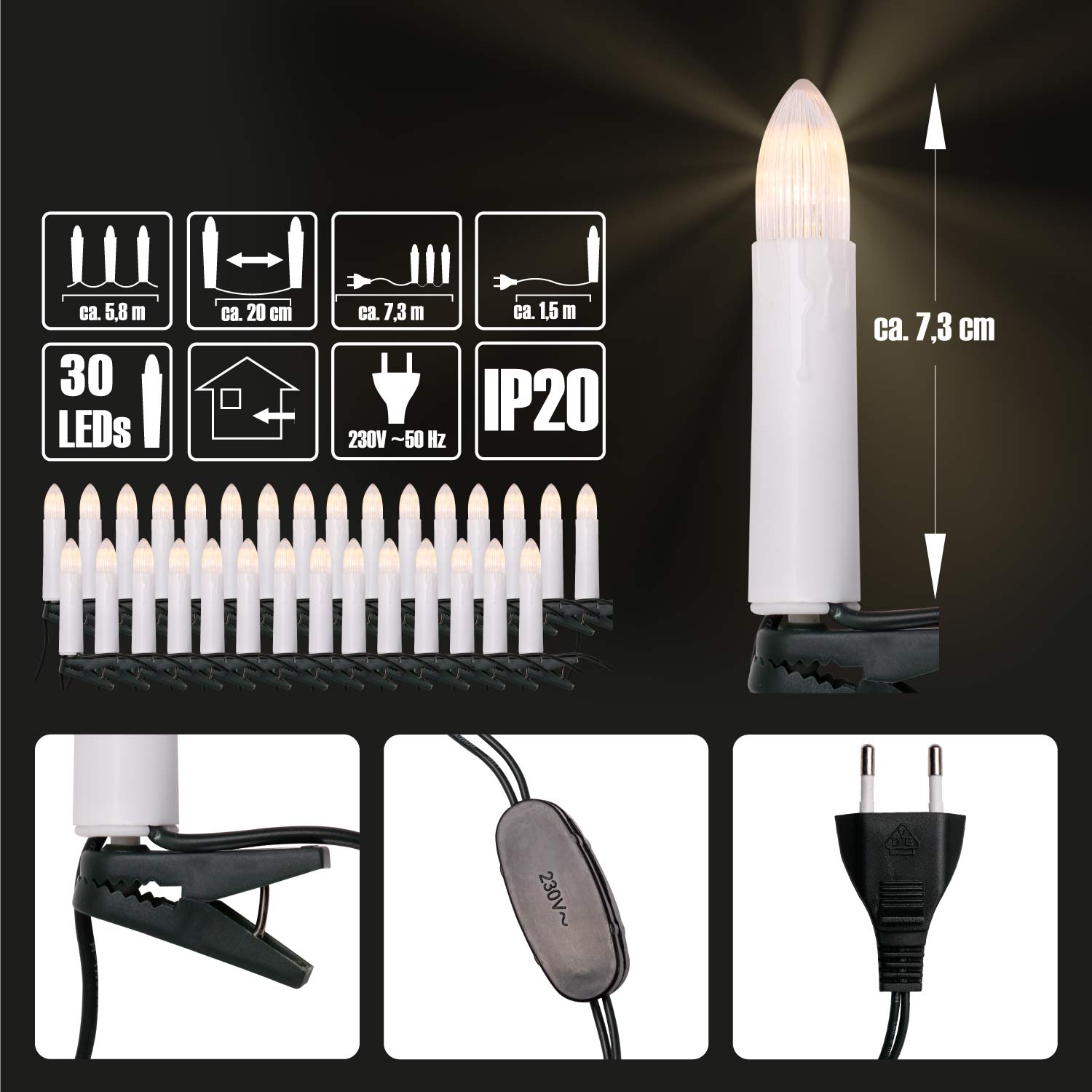 30er LED Kerzenlichterkette Lichterkette Christbaumkerzen warmweiss
