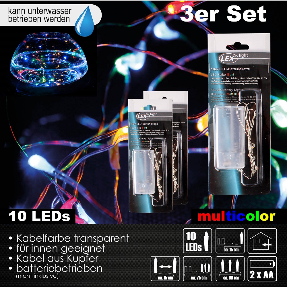3x 10er LED Lichterkette Batteriekette Party Wasser Beleuchtung Deko Licht bunt