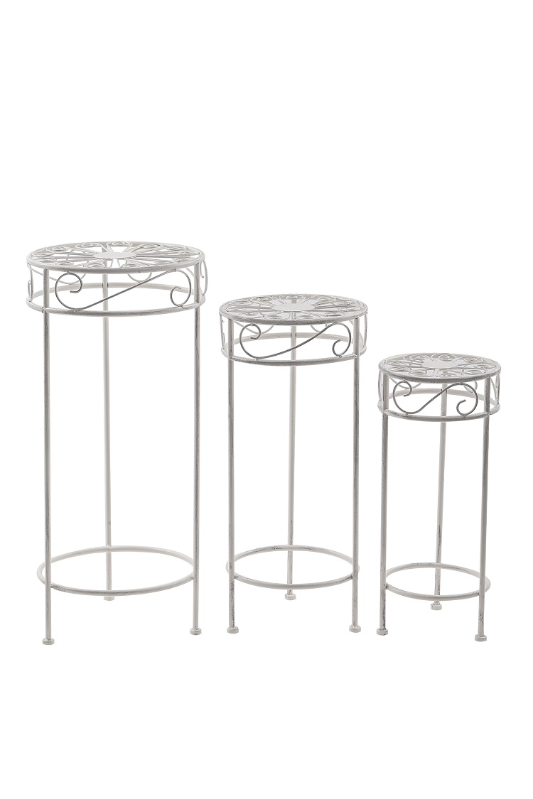 3 tlg. Hocker-Set Blumenhocker Gartendeko Metall rund Pflanzenständer antik weiß