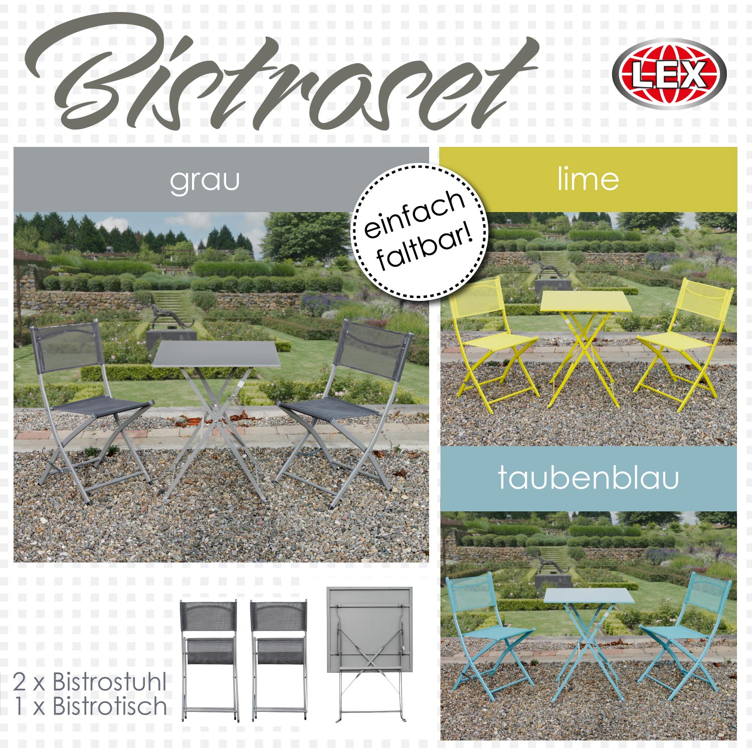 Bistro Set Sitzgruppe Gartenmöbel Sitzgarnitur 3-teilig Farbe wählbar