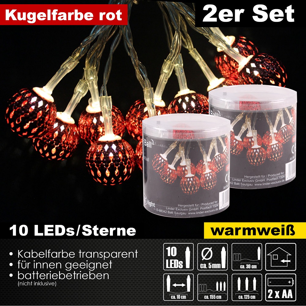 2x 10er LED Kugel Lichterkette Set Batteriekette Weihnachten Beleuchtung Deko Rot