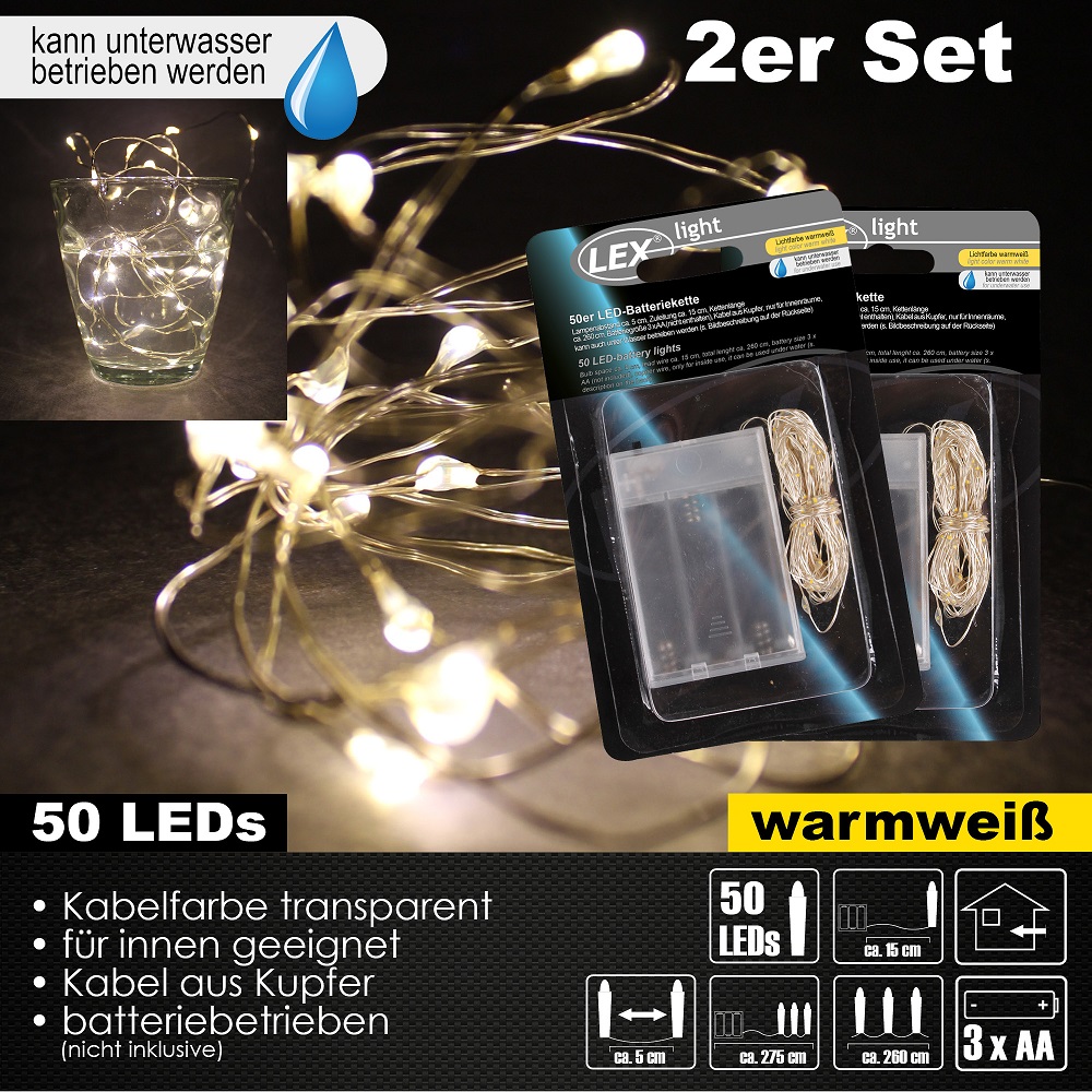 2x 50er LED Lichterkette Set Batteriekette Kupferkabel Wasser Beleuchtung Deko warmweiß