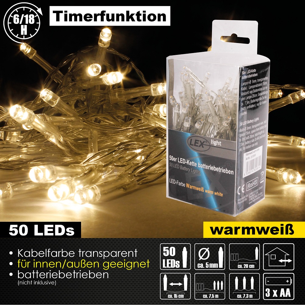 50er LED Outdoor Lichterkette Set Batteriekette Weihnachten Beleuchtung Deko warmweiß
