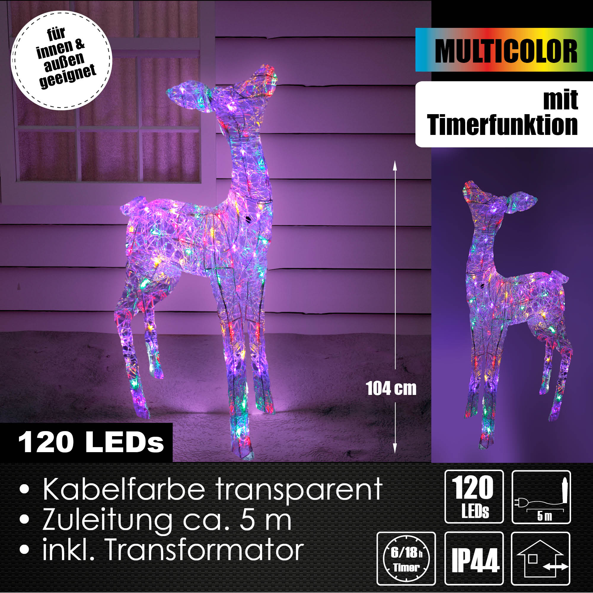XL LED Acryl Hirschkuh Weihnachtsfigur 104cm beleuchtet Weihnachtsdeko Außen & Innen multicolor