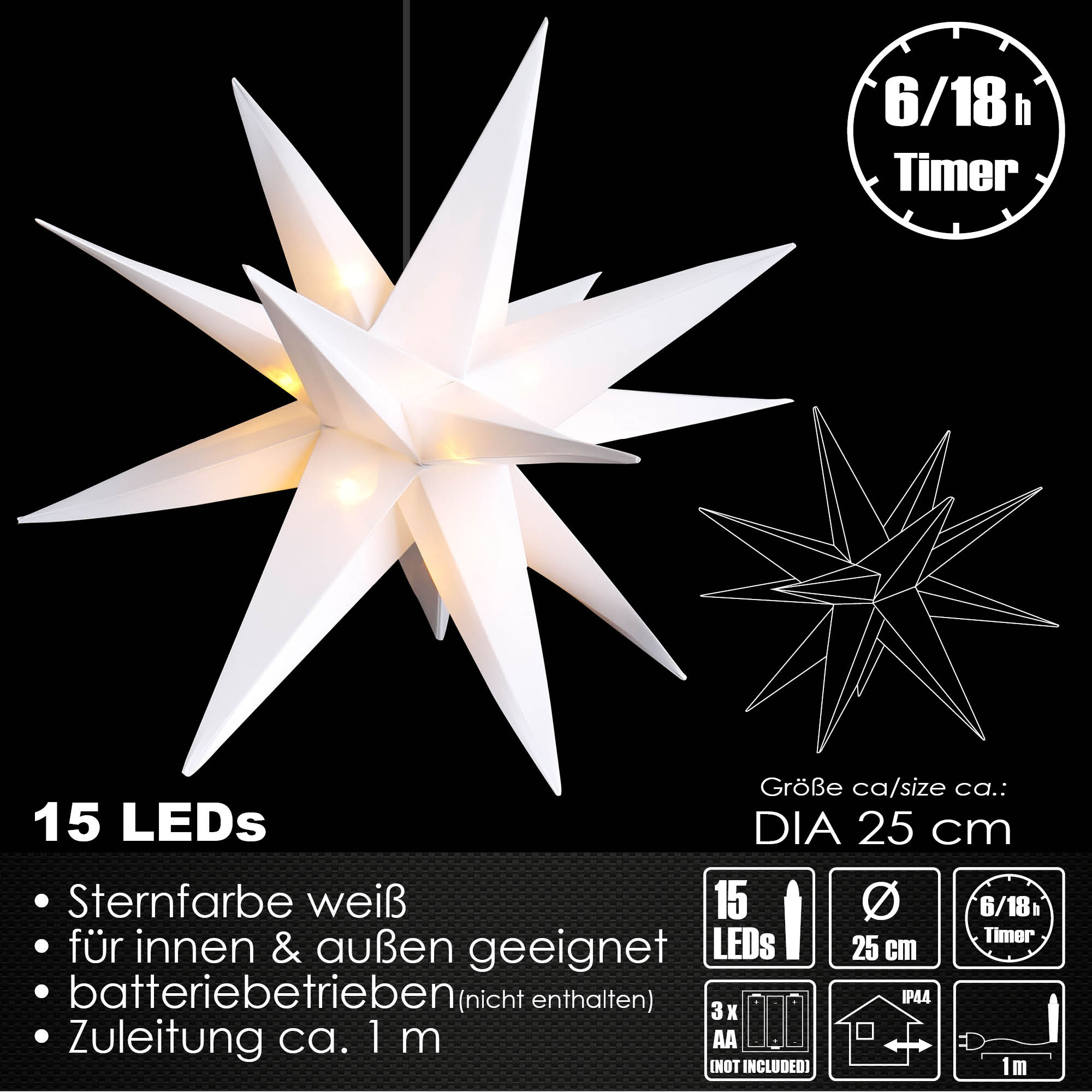 LED 3D Leuchtstern Ø 25 cm Lichterstern Batterie Timer In-Outdoor Advent Weiß