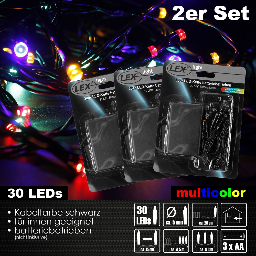 2x 30er LED Lichterkette Set Batteriekette Weihnachten Beleuchtung Deko bunt