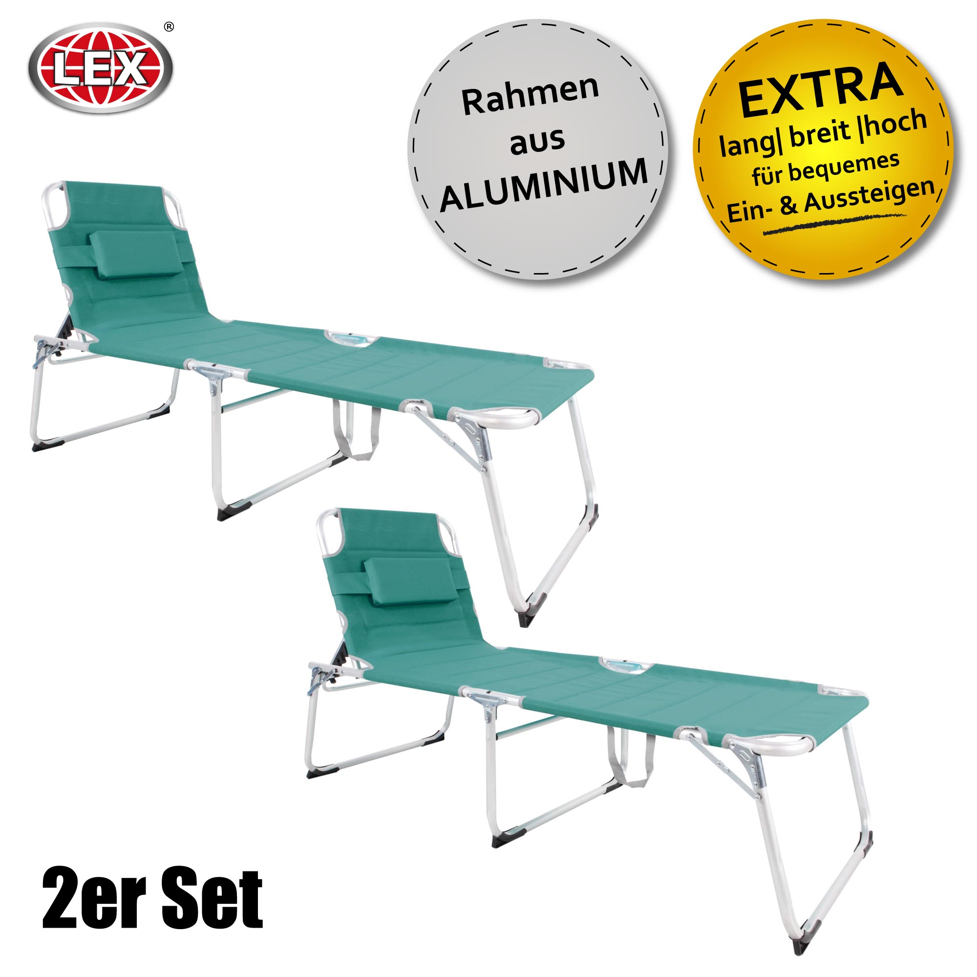 2er-Set XXL Aluminium Gartenliege Sonnenliege gepolstert Kopfkissen klappbar 2 m