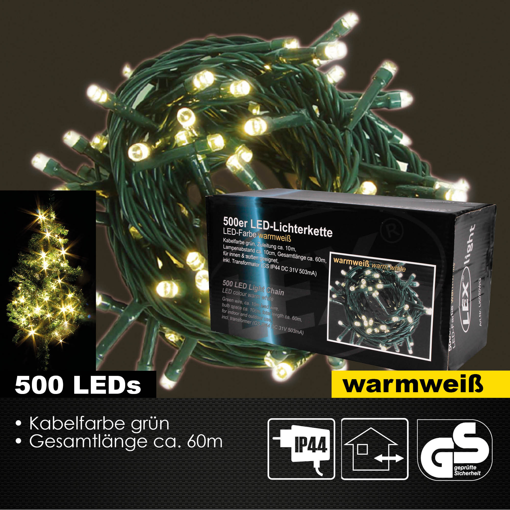 500er LED Lichterkette Außen Innen Partylicht Kabel grün Weihnachtslichterkette warmweiß