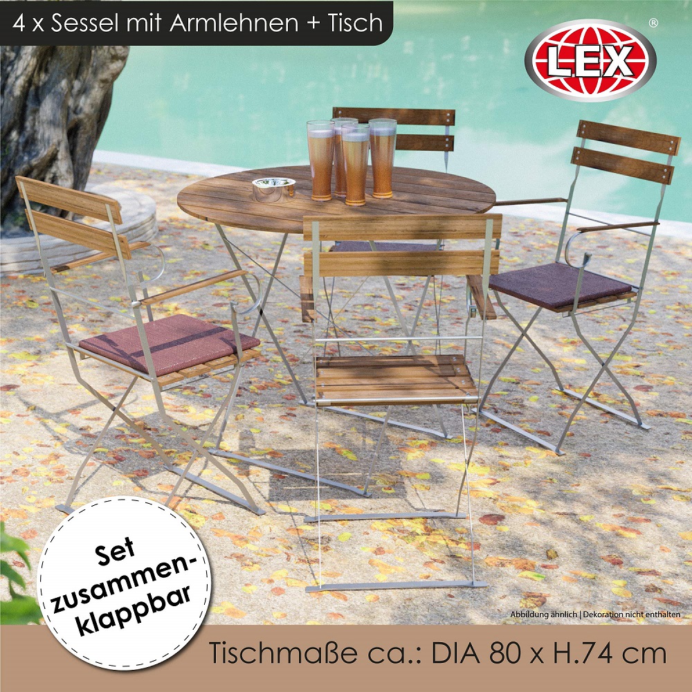 Biergarten Set Sitzgruppe Biergartenmöbel  Stuhl Armlehnen Tisch Ø 80 cm 5tlg.
