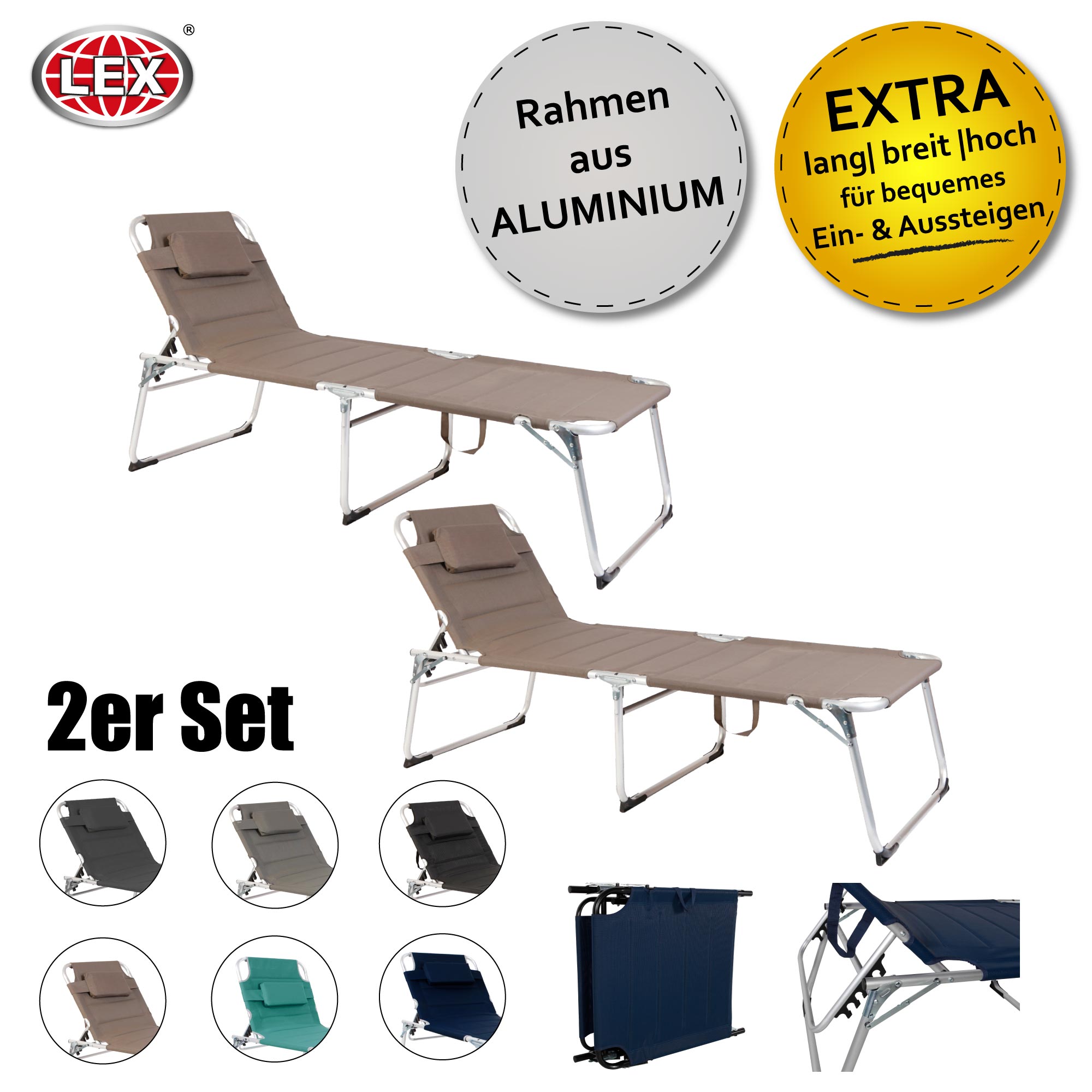 2er-Set XXL Aluminium Gartenliege Sonnenliege 2 m gepolstert Kopfkissen klappbar