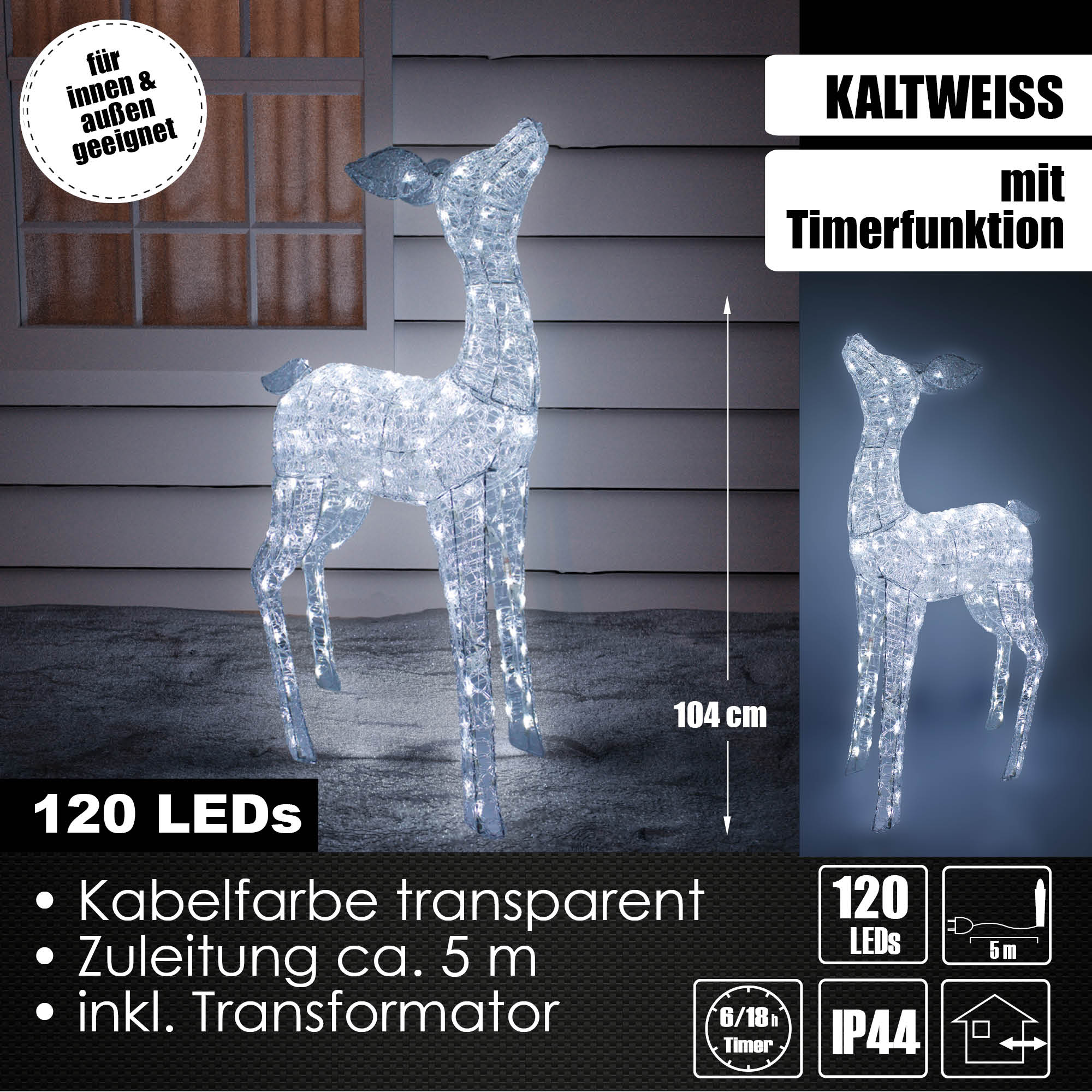 XL LED Acryl Hirschkuh Weihnachtsfigur 104cm beleuchtet Weihnachtsdeko Außen & Innen kaltweiß