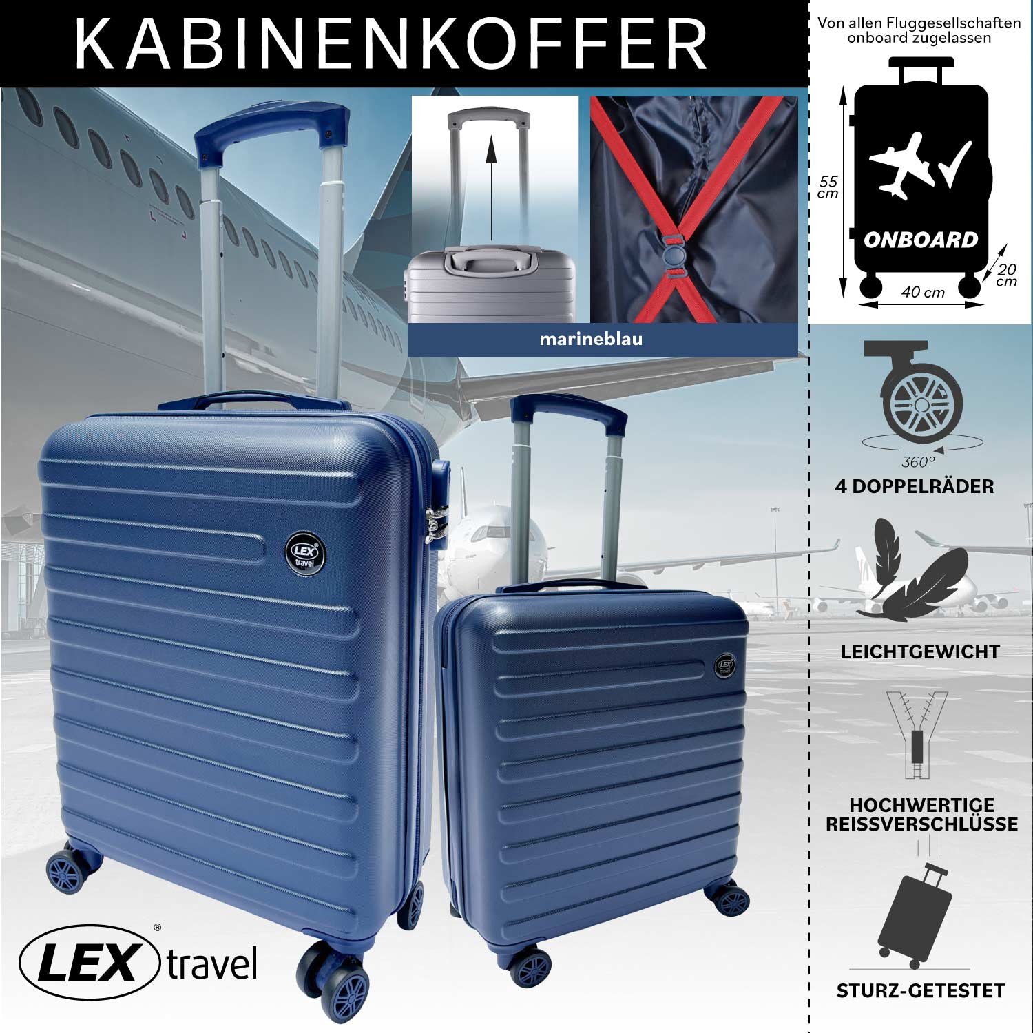 ABS Hartschale Reisekoffer Handgepäck Kabinenkoffer ultraleicht Trolley Doppelräder Marineblau