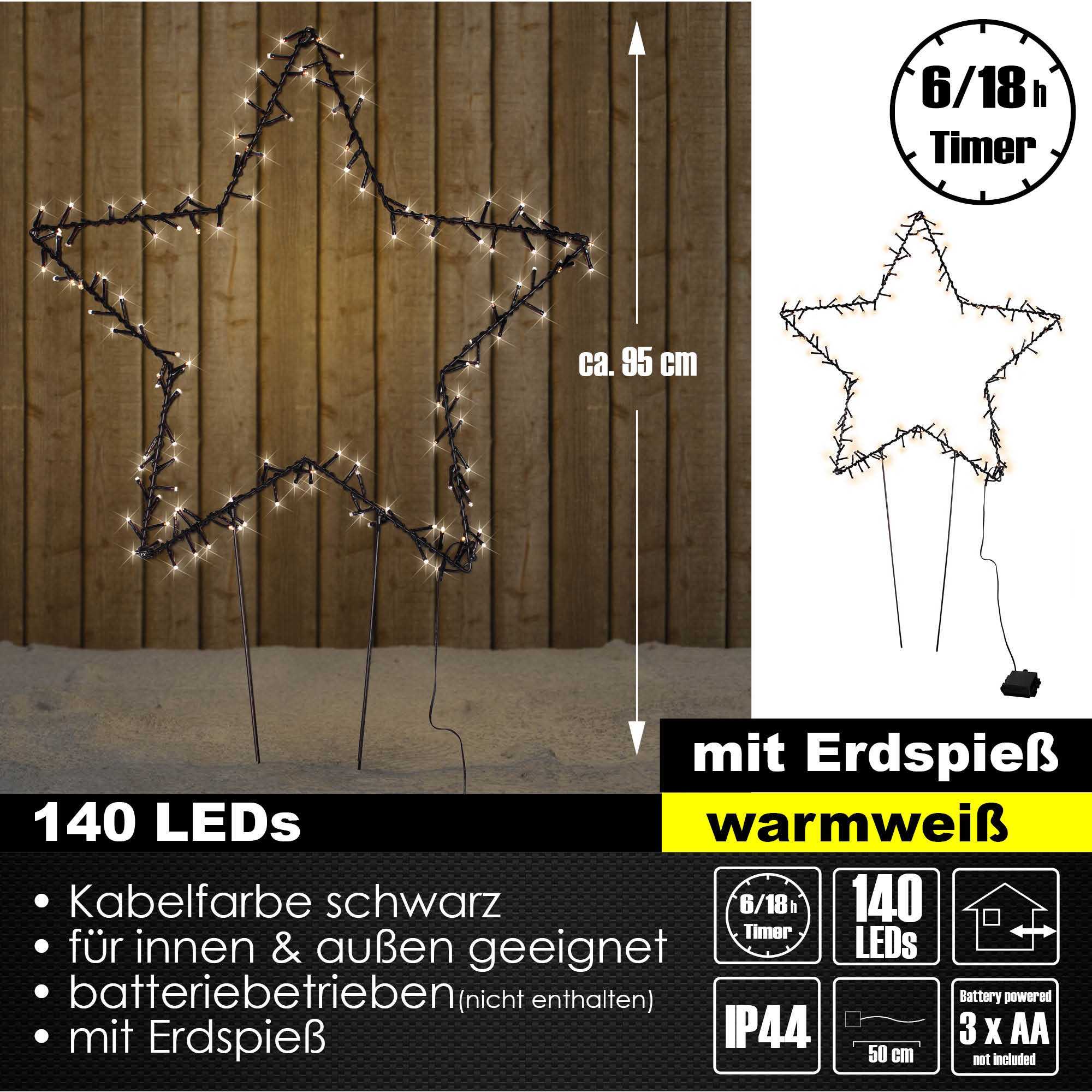 XL LED Stern mit Erdspießen Ø 60cm Lichterstern Batterie Leuchtstern In-Outdoor