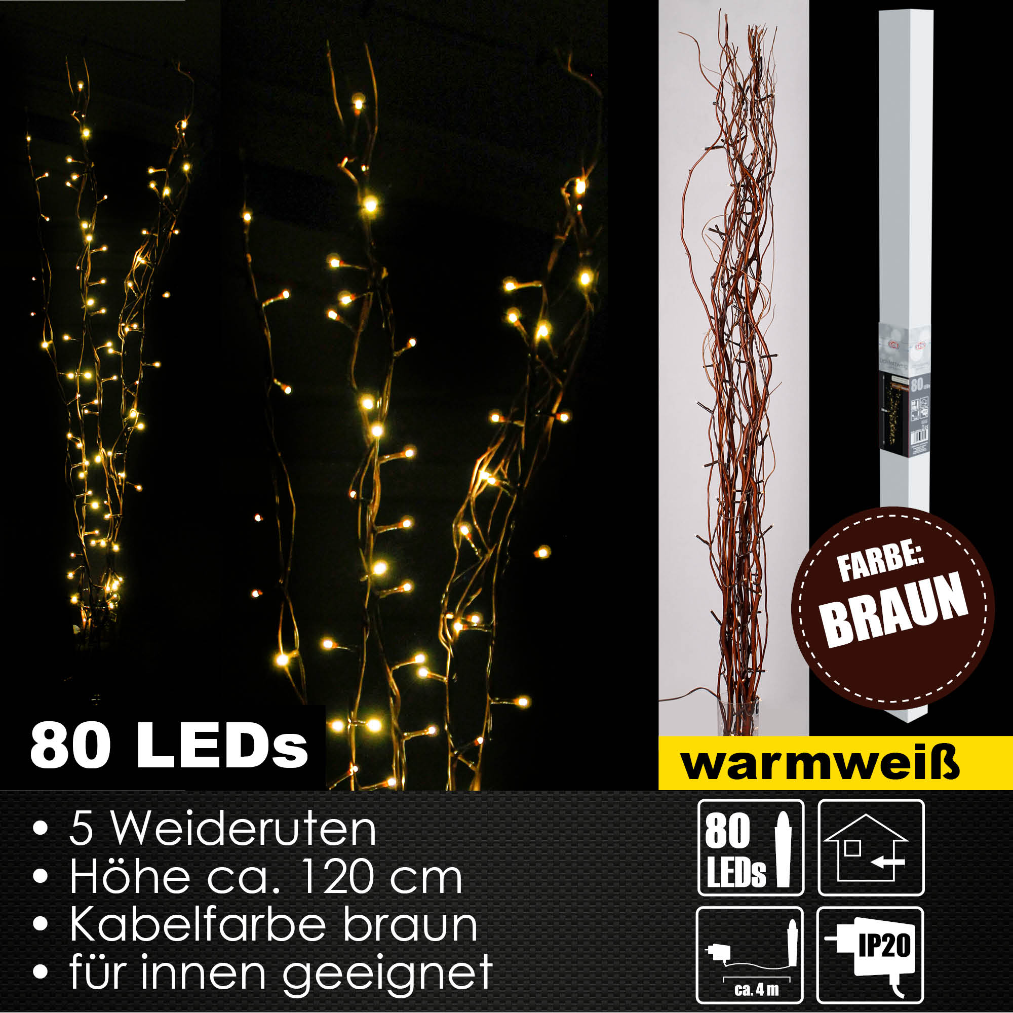 LED Lichterzweige 80 LED´s Dekozweige Leuchtzweige Rute 120 cm braun warmweiss