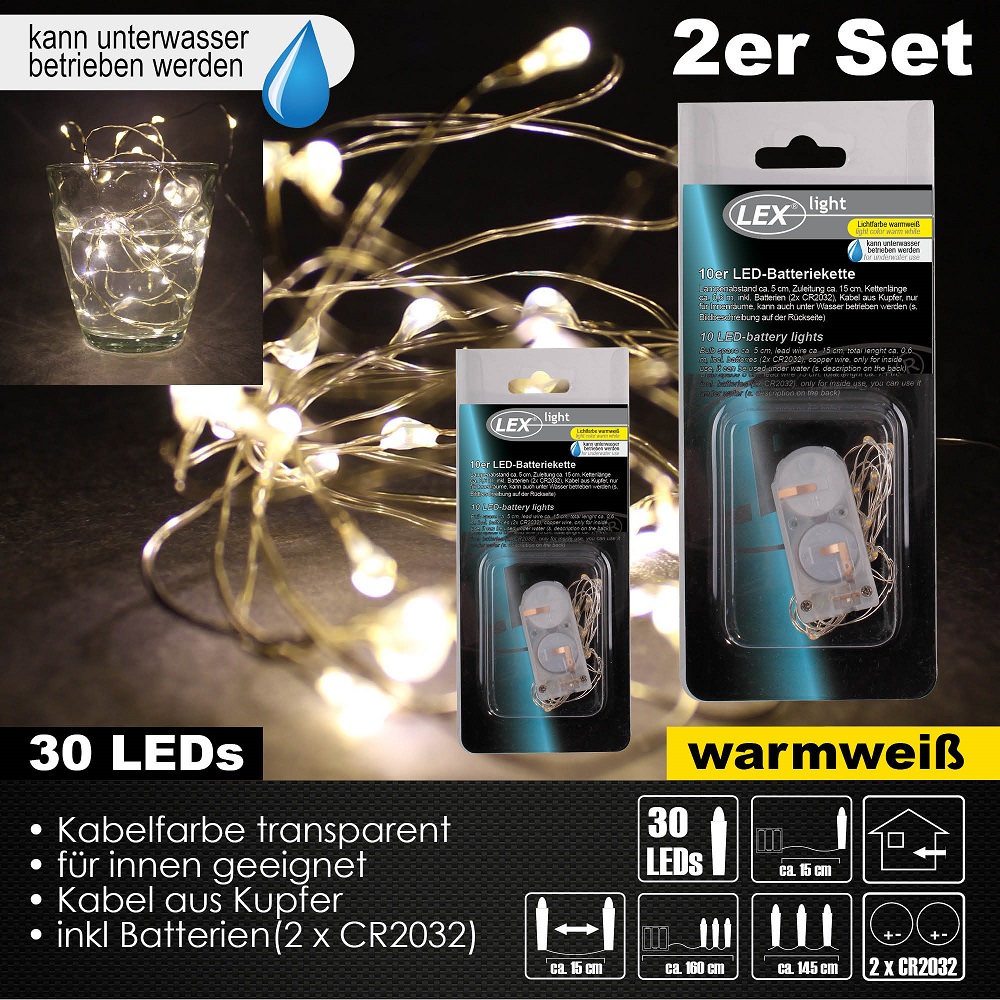2x 30er LED Lichterkette Set Batteriekette Kupferkabel Wasser Beleuchtung Deko warmweiß