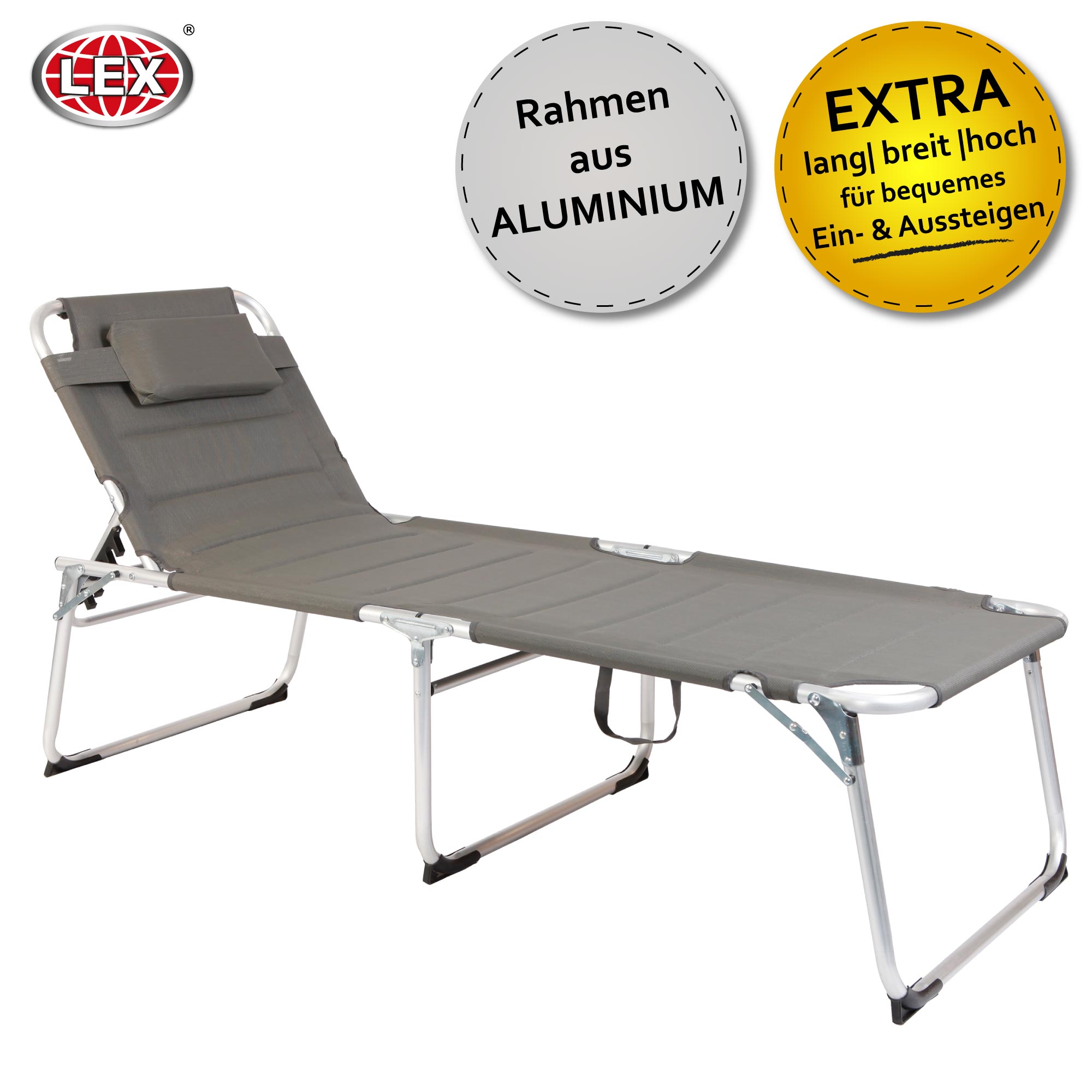 XXL Aluminium Gartenliege Sonnenliege gepolstert mit Kopfkissen klappbar 200 cm Grau