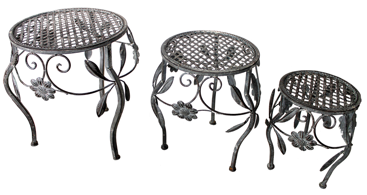 Hocker Set 3tlg. Gartendekoration Eisenhocker Ablage Blumenhocker Pflanzenständer grau Antik