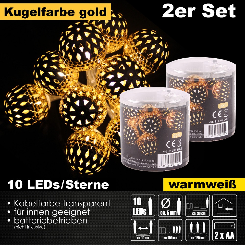 2x 10er LED Kugel Lichterkette Set Batteriekette Weihnachten Beleuchtung Deko Gold