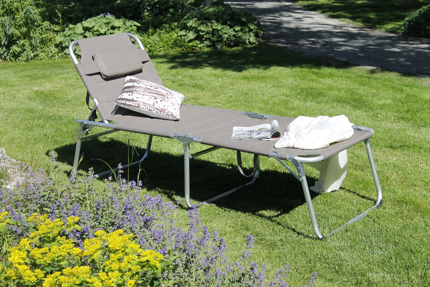 XXL Aluminium Gartenliege Sonnenliege gepolstert mit Kopfkissen klappbar 200 cm Grau