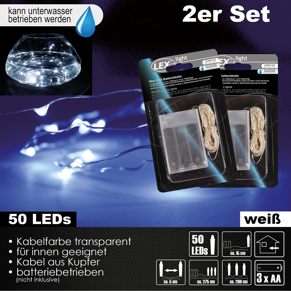 2x 50er LED Lichterkette Set Batteriekette Kupferkabel Wasser Beleuchtung Deko weiß