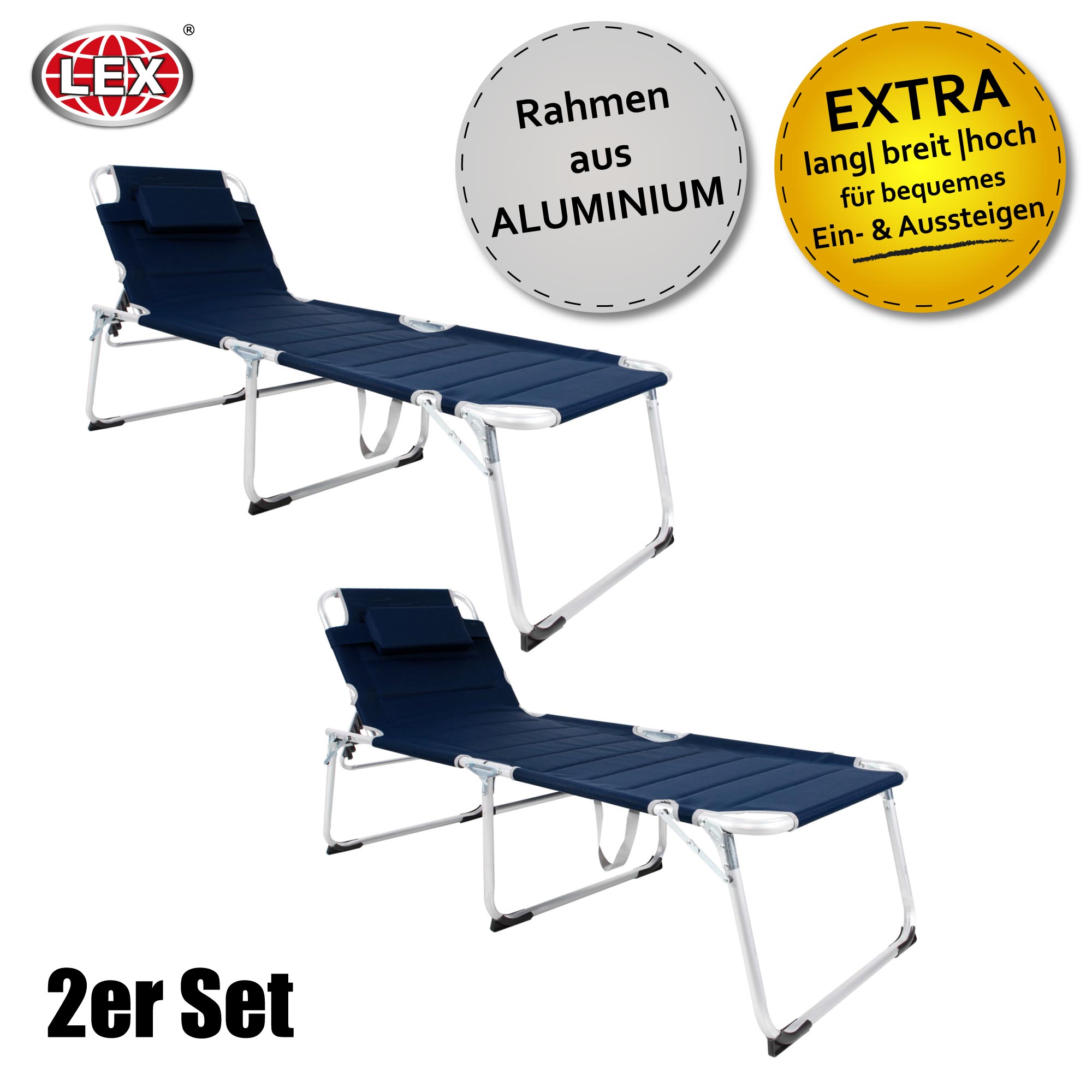 2er-Set XXL Aluminium Gartenliege Sonnenliege gepolstert Kopfkissen 2 m klappbar