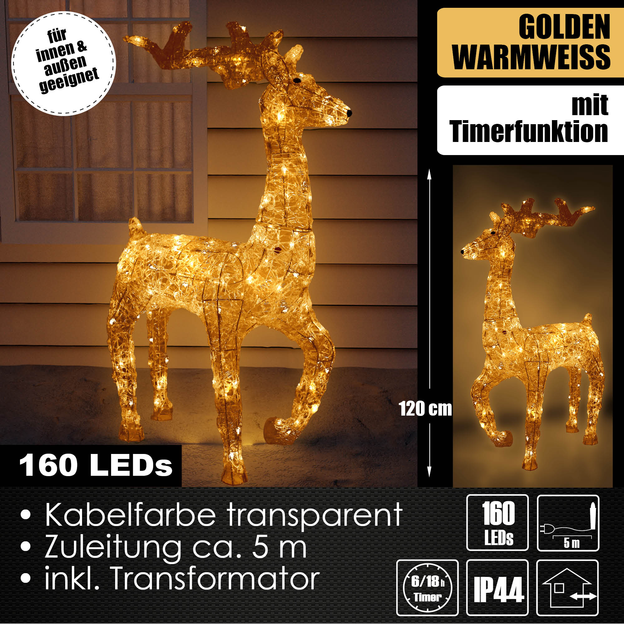 XXL LED Acryl Hirsch Weihnachtsfigur 120cm beleuchtet Weihnachtsdeko Außen & Innen Gold Warmweiß