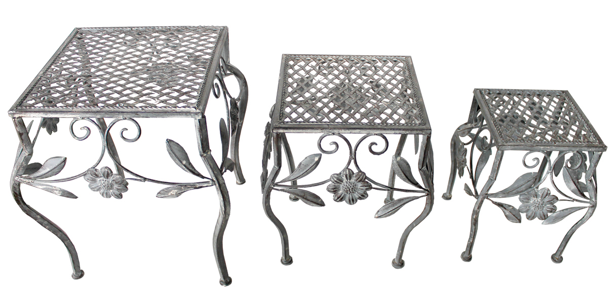 Hocker Set 3tlg. Gartendekoration Eisenhocker Pflanzenständer Blumenhocker Grau Antik