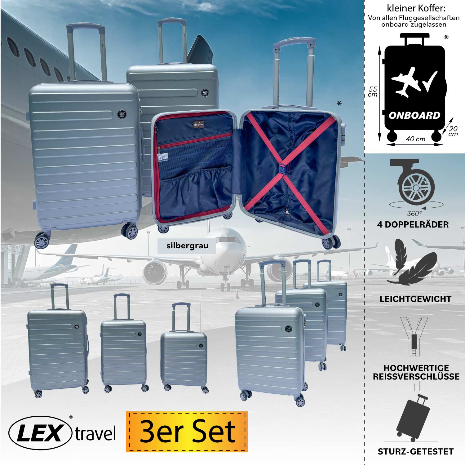 3er-Set ABS Hartschale Reisekoffer Handgepäck Kabinenkoffer ultraleicht Trolley Doppelräder Silbergrau