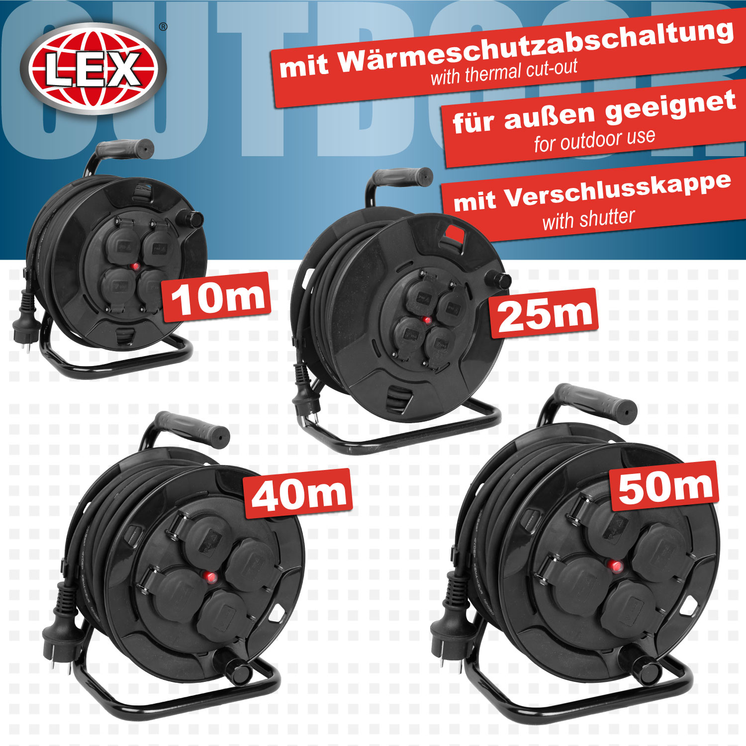 Outdoor Kabeltrommel 10m IP44 Verlängerungskabel Kabelrolle Haushalt Wärmeschutz
