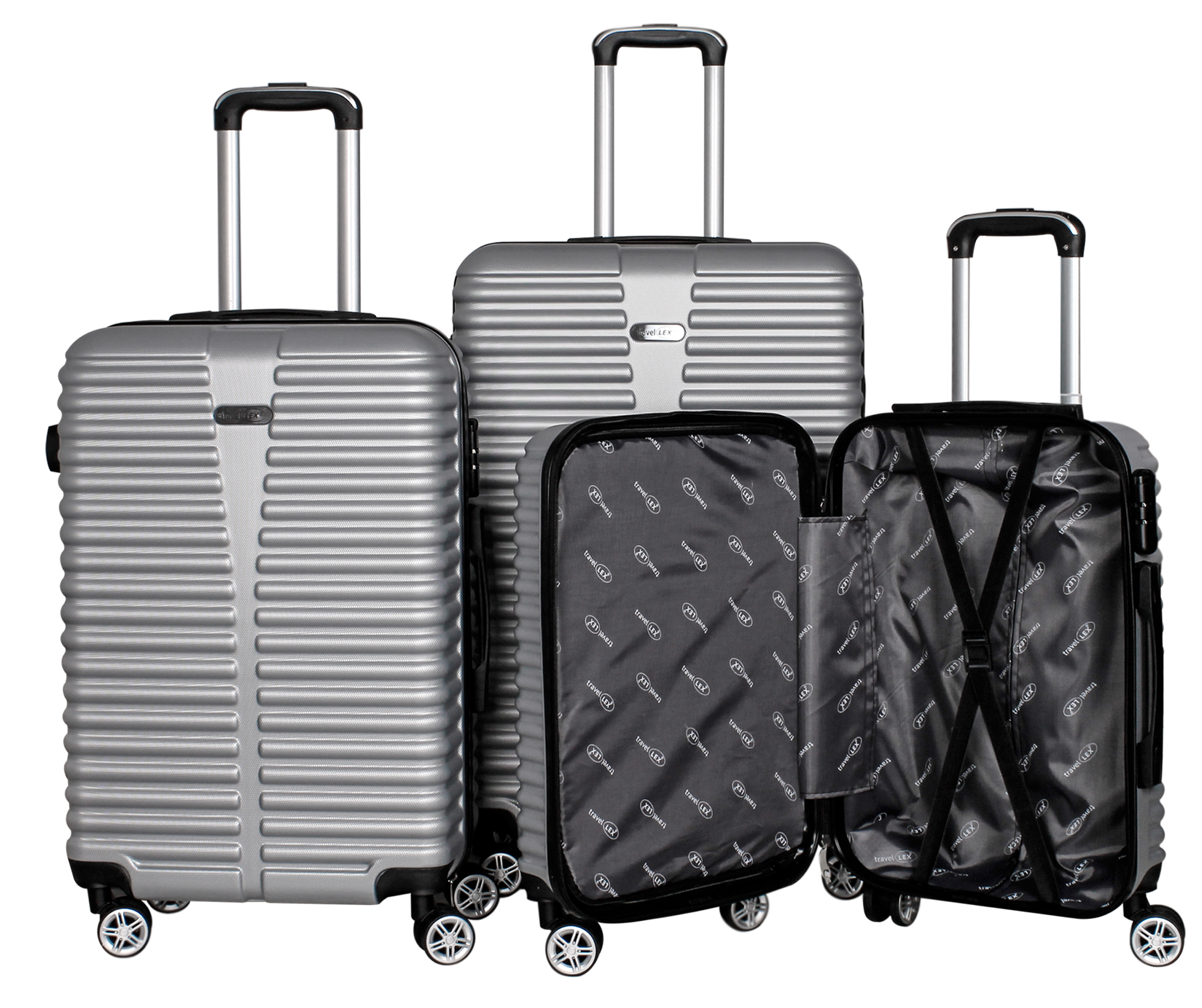 LEX 3tlg. ABS Reisekoffer Trolley Reisetasche Reisegepäck 4 Doppel Räder Silber