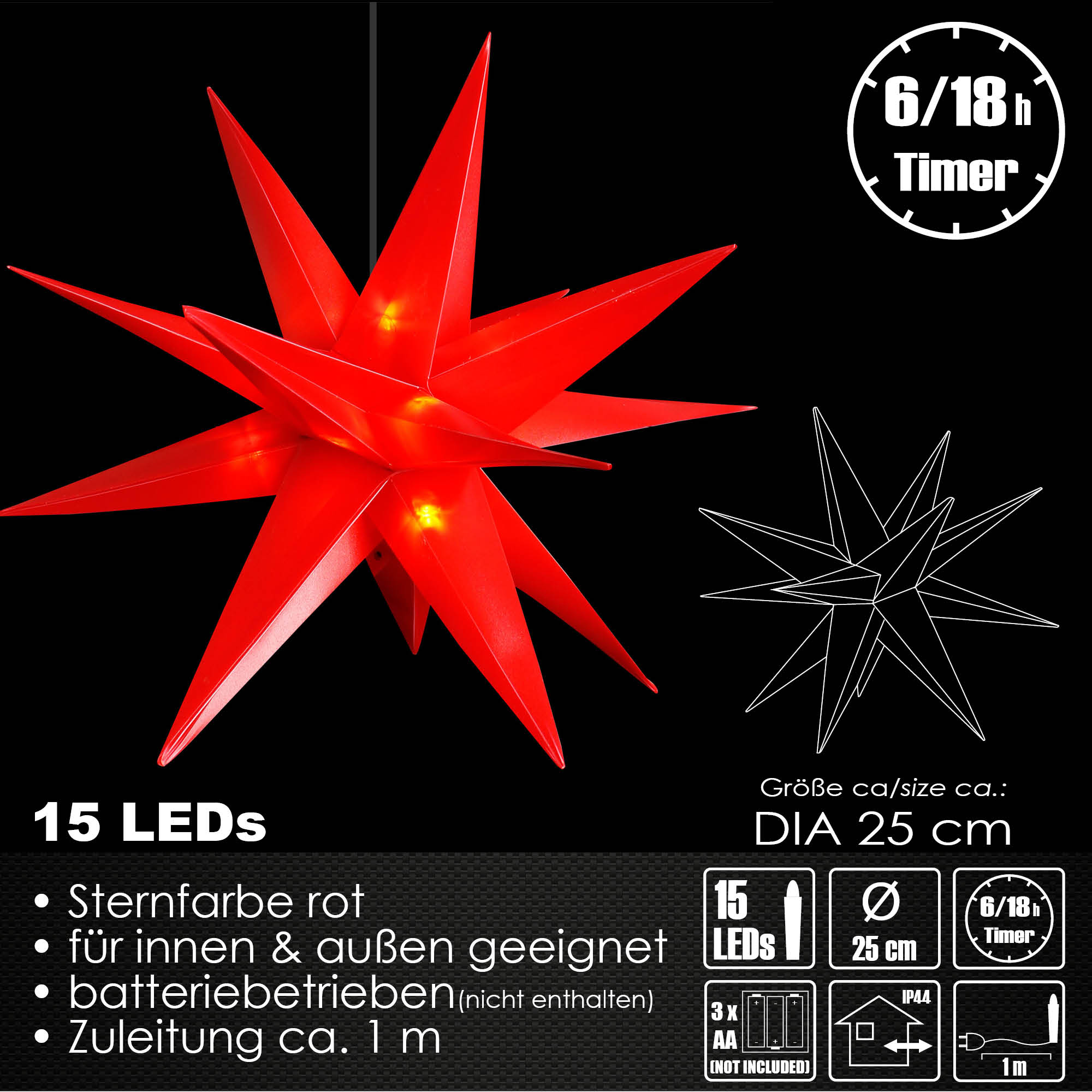 LED 3D Leuchtstern Ø 25 cm Lichterstern Batterie Timer In-Outdoor Advent Rot