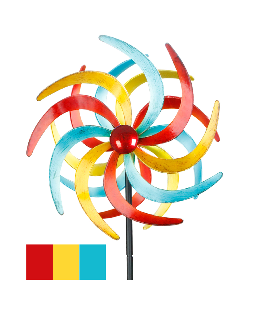 Metall Doppel Windrad 140x38cm Windspiel Gartendeko Balkon Terrasse rot gelb petrol