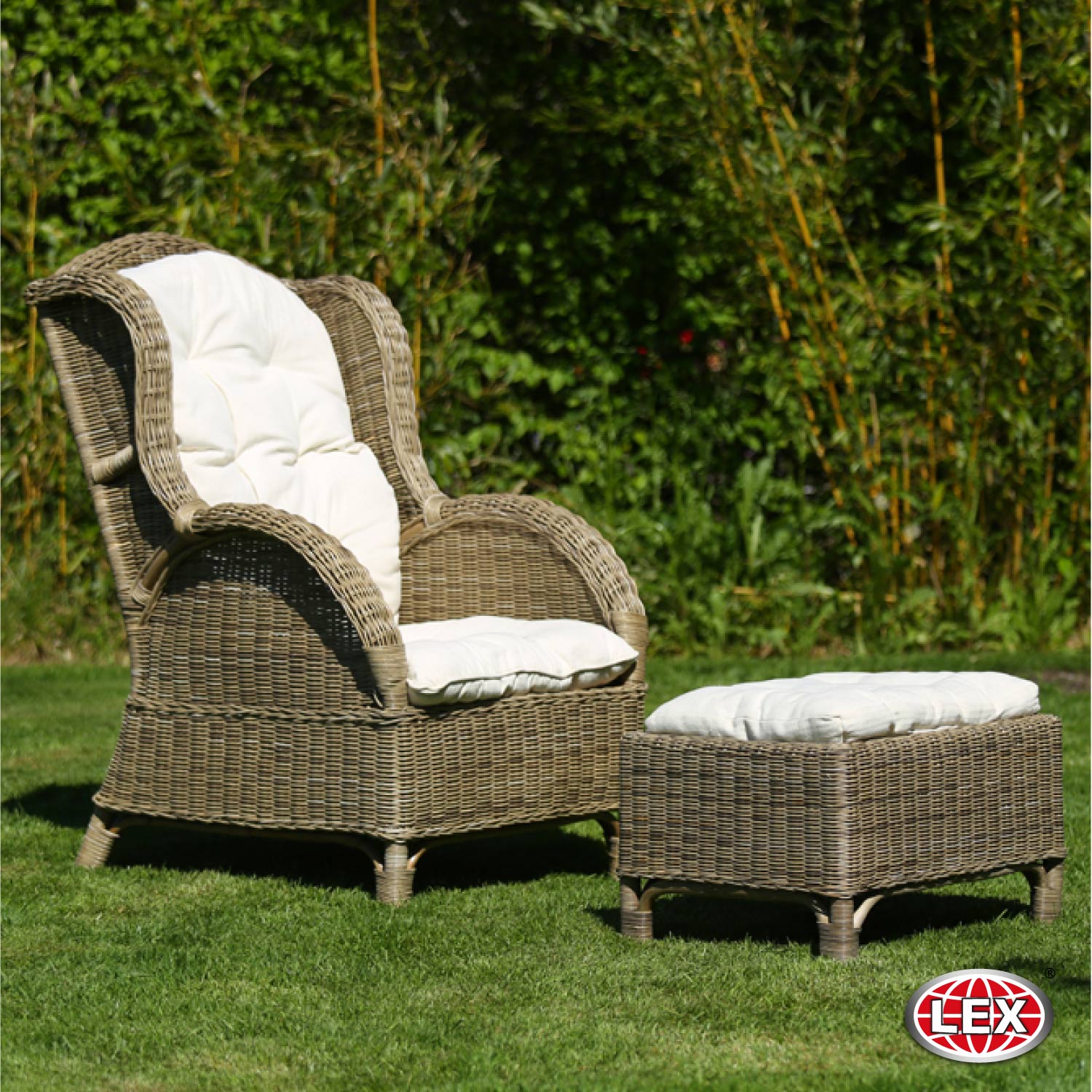 Relax Rattan Ohrensessel Hocker Polster In & Outdoor Gartensessel Kaminsessel