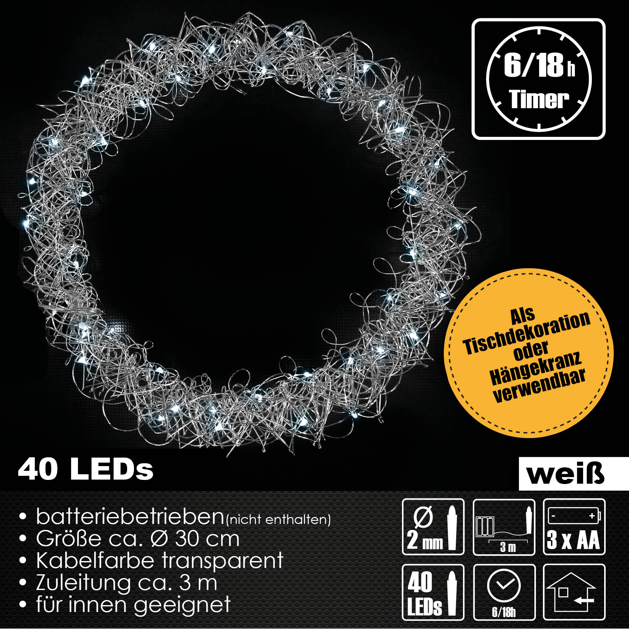 LED Metallkranz Ø 30 cm feinmaschig Weihnachtskranz Lichterkette Batterie Deko weiß