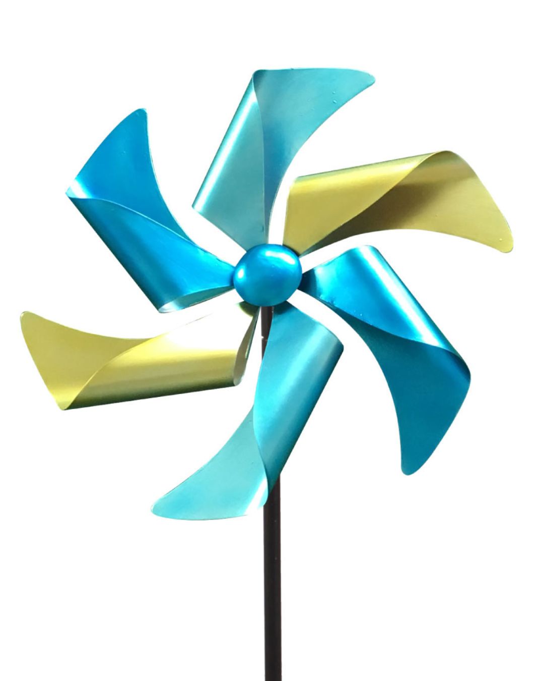 Windrad Windspiel Metall Gartendeko Balkon Terrasse Erdspieß petrol blau gelb